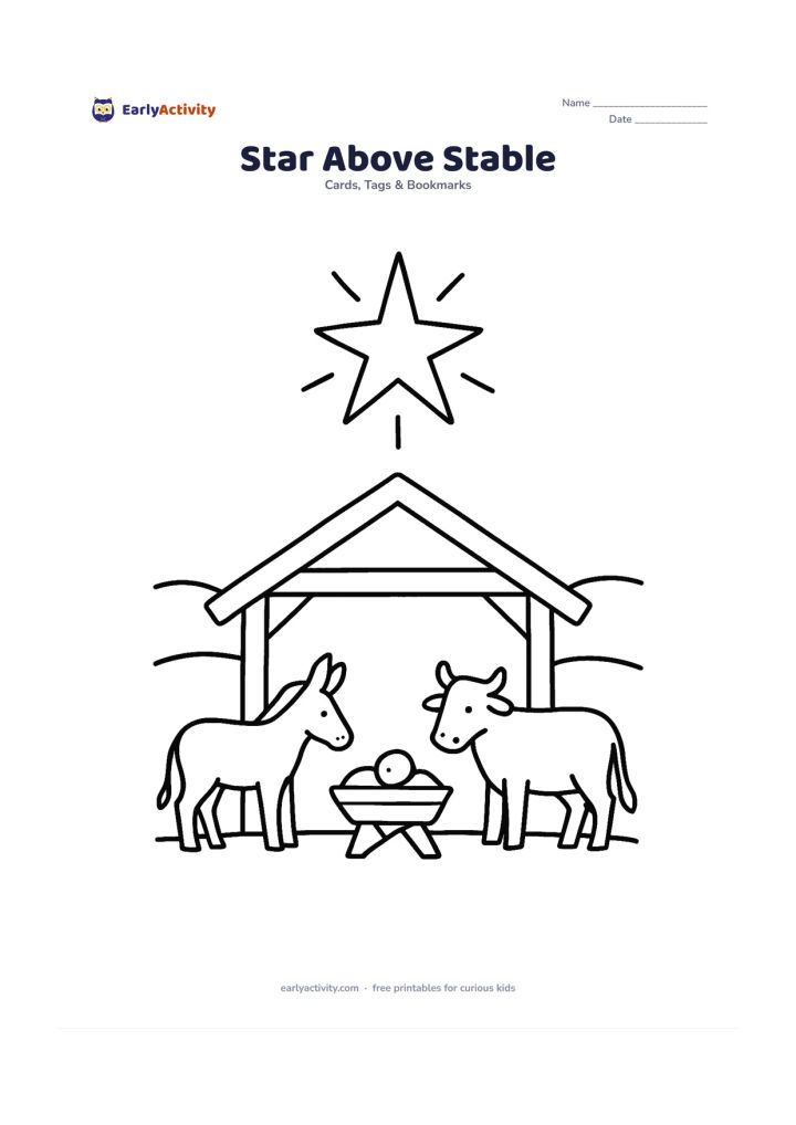 Worksheet: Draw a simple stable outline beneath one large shining star, with a small manger and gentle animals visible inside. Add a few broad hills behind the stable and leave plenty of open sky.