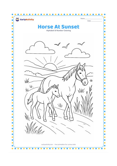 Colouring page: A horse walks along a country path at sunset, with a foal following behind, tall grasses, distant hills, and a few birds in the sky. Keep the horses' bodies and tack free of decorative…