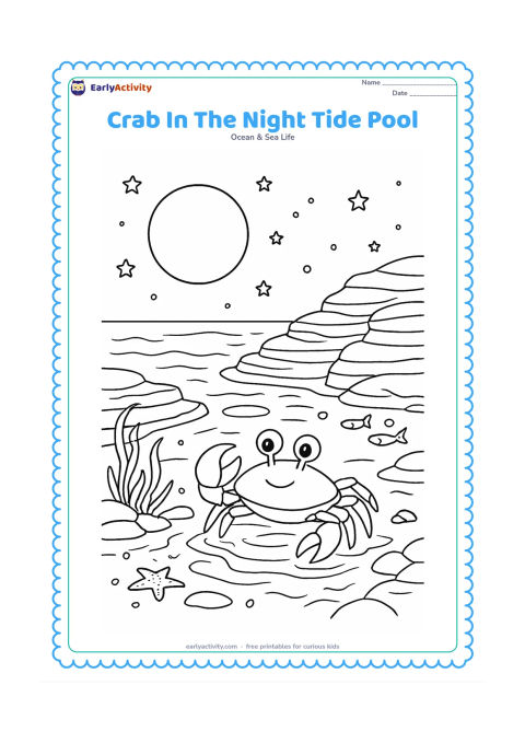 Colouring page: Show a crab exploring a moonlit tide pool with layered rocks, reflected moonlight, seaweed, a small starfish, bubbles and a few tiny fish. Add a calm ocean horizon and scattered stars…