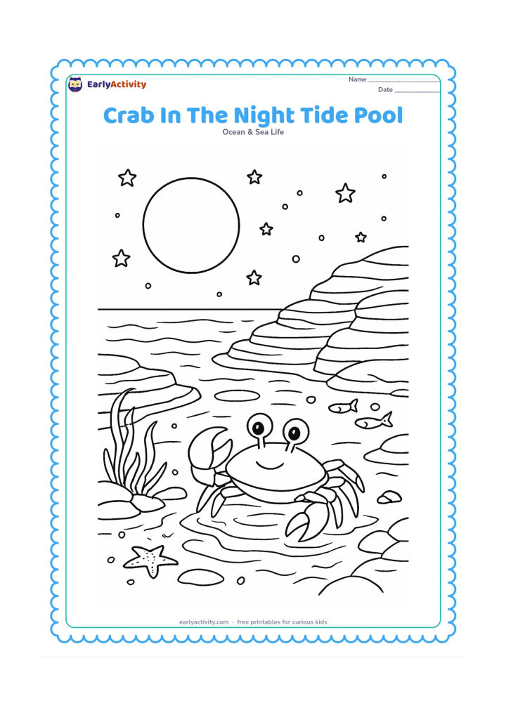 Colouring page: Show a crab exploring a moonlit tide pool with layered rocks, reflected moonlight, seaweed, a small starfish, bubbles and a few tiny fish. Add a calm ocean horizon and scattered stars…