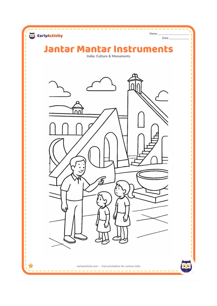 Colouring page: Show several Jantar Mantar astronomical instruments in an open Jaipur courtyard, including a large curved sundial structure, triangular walls, stairways and a smaller bowl-shaped…