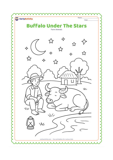 Colouring page: Draw a relaxed buffalo resting beside a quiet farm pond at night, with a farmer sitting nearby and a simple lantern on the ground. Include a hut, tree silhouettes, a crescent moon and…