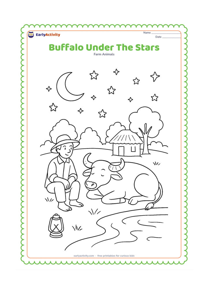 Colouring page: Draw a relaxed buffalo resting beside a quiet farm pond at night, with a farmer sitting nearby and a simple lantern on the ground. Include a hut, tree silhouettes, a crescent moon and…