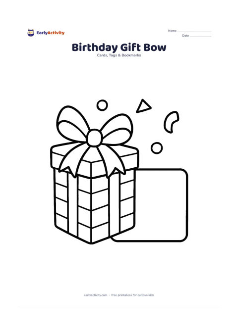 Worksheet: Show one large wrapped present with an oversized bow and simple stripes on the wrapping paper. Place a wide blank greeting panel beside it and add a few large confetti shapes.