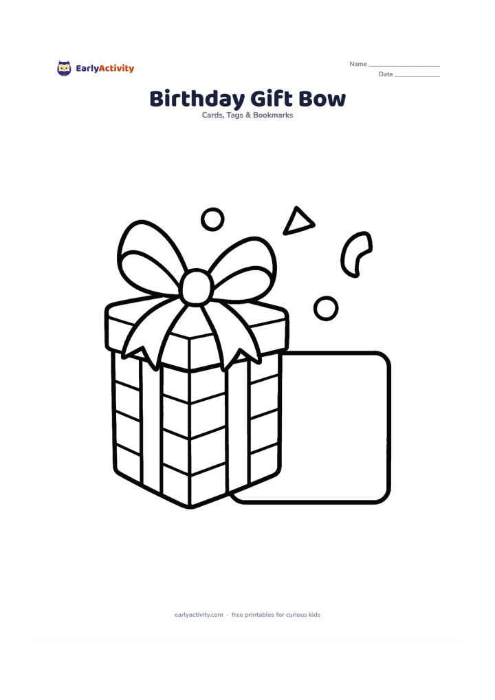 Worksheet: Show one large wrapped present with an oversized bow and simple stripes on the wrapping paper. Place a wide blank greeting panel beside it and add a few large confetti shapes.