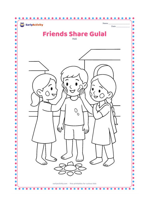 Colouring page: Three friends stand in a village courtyard, gently applying gulal to one another's cheeks. Include a doorway, a clay pot and a small rangoli near their feet.