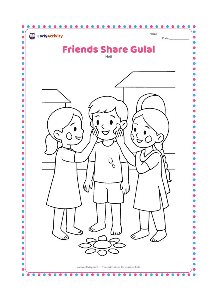 Colouring page: Three friends stand in a village courtyard, gently applying gulal to one another's cheeks. Include a doorway, a clay pot and a small rangoli near their feet.