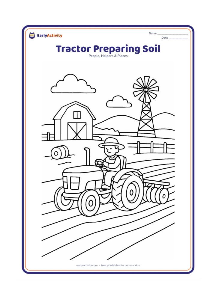 Colouring page: A farmer drives a tractor pulling a disc harrow across a broad field, leaving several even furrows behind. Add a barn, hay bales, a windmill, fence posts, and distant hills.