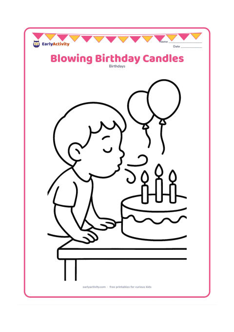 Colouring page: A child leans toward a round cake and blows gently toward three large candles, with curved breath lines and two balloons nearby. Place the cake on a simple table.