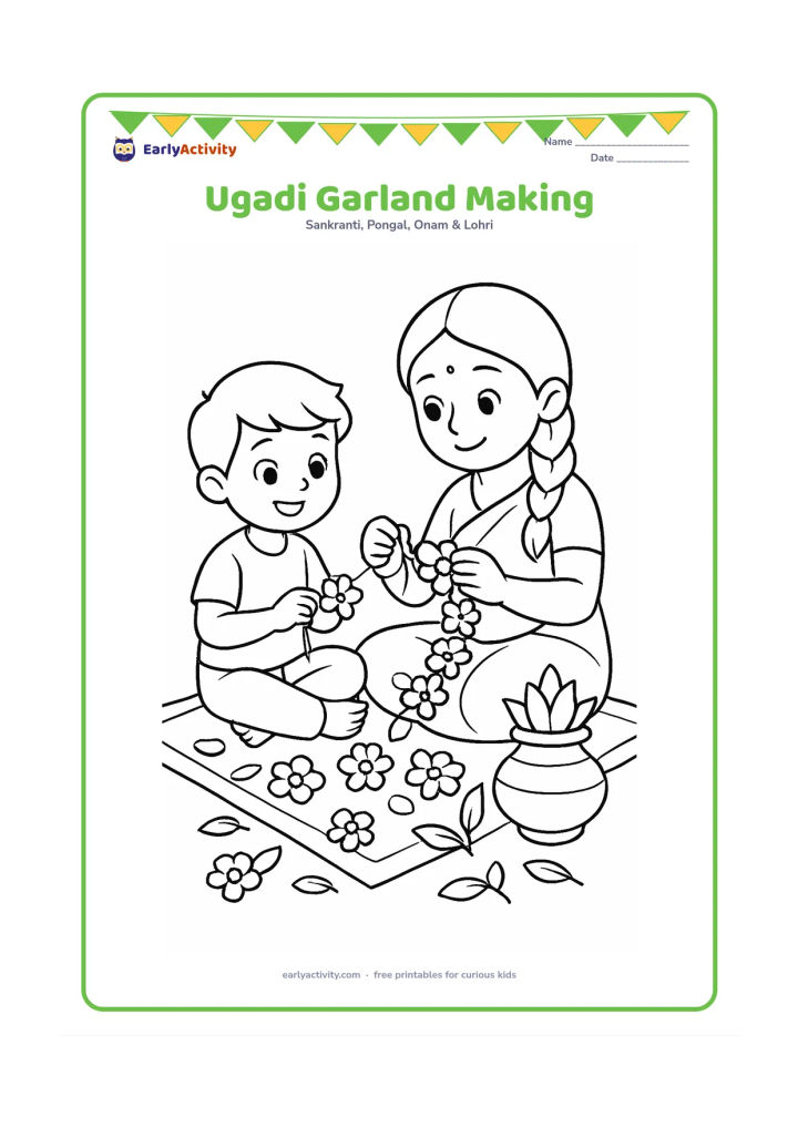 Colouring page: Two family members sit on a mat and thread flowers into a garland, with loose blossoms, leaves and a kalash arranged nearby.