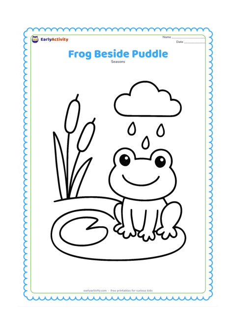 Colouring page: A friendly frog sits beside a round puddle with one large lily pad and two simple reeds. Add a cloud and a few raindrops above the frog.