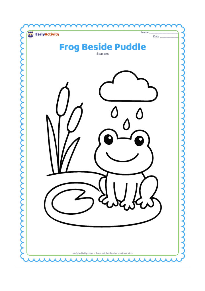 Colouring page: A friendly frog sits beside a round puddle with one large lily pad and two simple reeds. Add a cloud and a few raindrops above the frog.