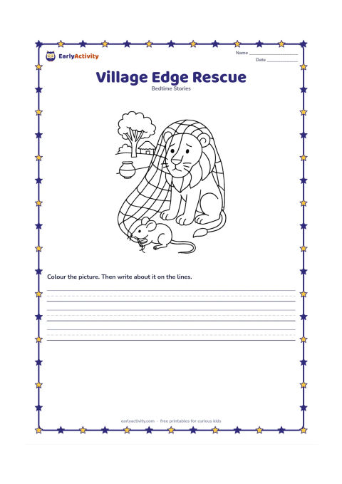 Printable: At the edge of an Indian village, the mouse nibbles through the lion's net beside a grove of trees, while a clay pot, low fence and distant thatched shelter sit in the background. The…