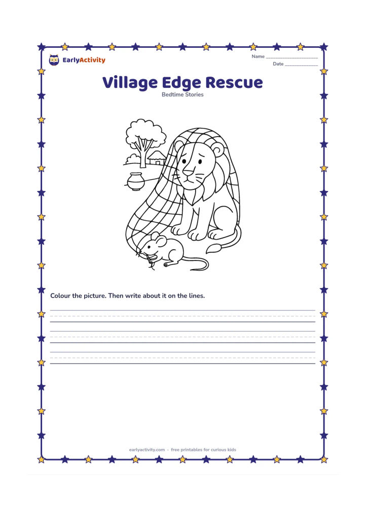 Printable: At the edge of an Indian village, the mouse nibbles through the lion's net beside a grove of trees, while a clay pot, low fence and distant thatched shelter sit in the background. The…