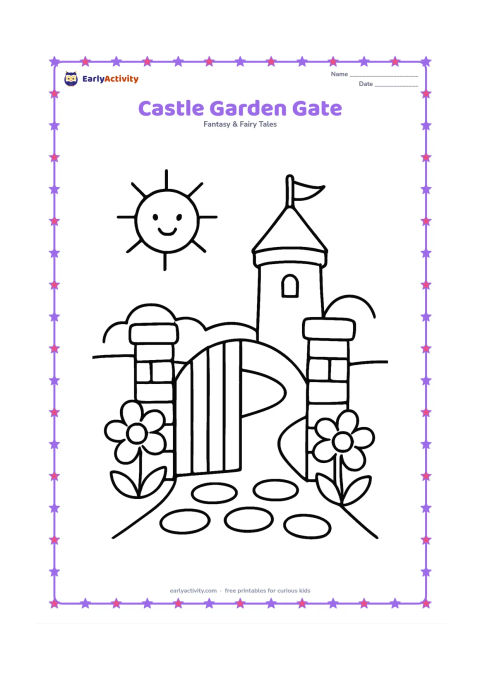 Colouring page: Draw an open castle garden gate between two short stone pillars, with a simple round turret behind it and large flowers on both sides of the path. Include a smiling sun and broad open sky.