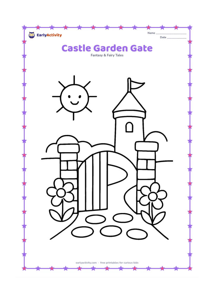Colouring page: Draw an open castle garden gate between two short stone pillars, with a simple round turret behind it and large flowers on both sides of the path. Include a smiling sun and broad open sky.