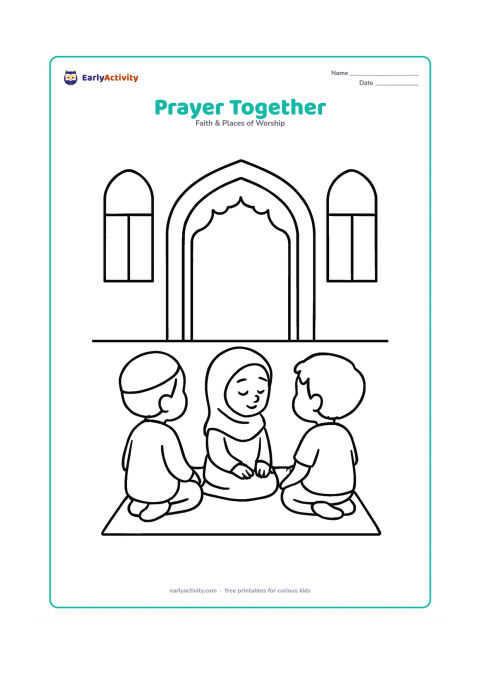 Colouring page: Show three children sitting quietly on a simple carpet inside a spacious prayer hall, facing a plain decorated arch. Include a few large window shapes and no detailed furniture.