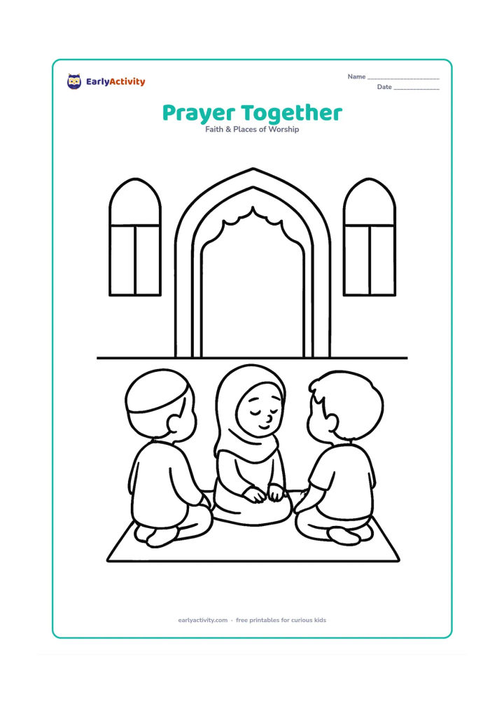 Colouring page: Show three children sitting quietly on a simple carpet inside a spacious prayer hall, facing a plain decorated arch. Include a few large window shapes and no detailed furniture.