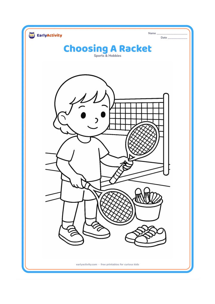 Colouring page: Draw a child selecting one racket from two rackets and a small container of shuttlecocks beside an indoor court. Show a net and sports shoes in the background.