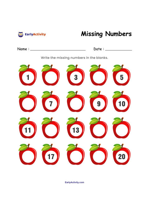 Worksheet with rows of red apples numbered from 1 to 20, with some apples left blank for children to complete.