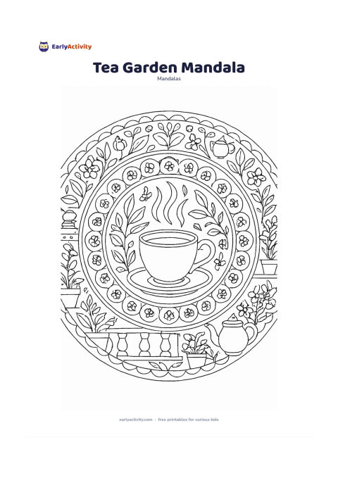 Colouring page: Create a circular mandala centred on a steaming cup of tea, with tea leaves, small blossoms, teapot shapes and repeating curved borders radiating outward. Include a quiet garden terrace…