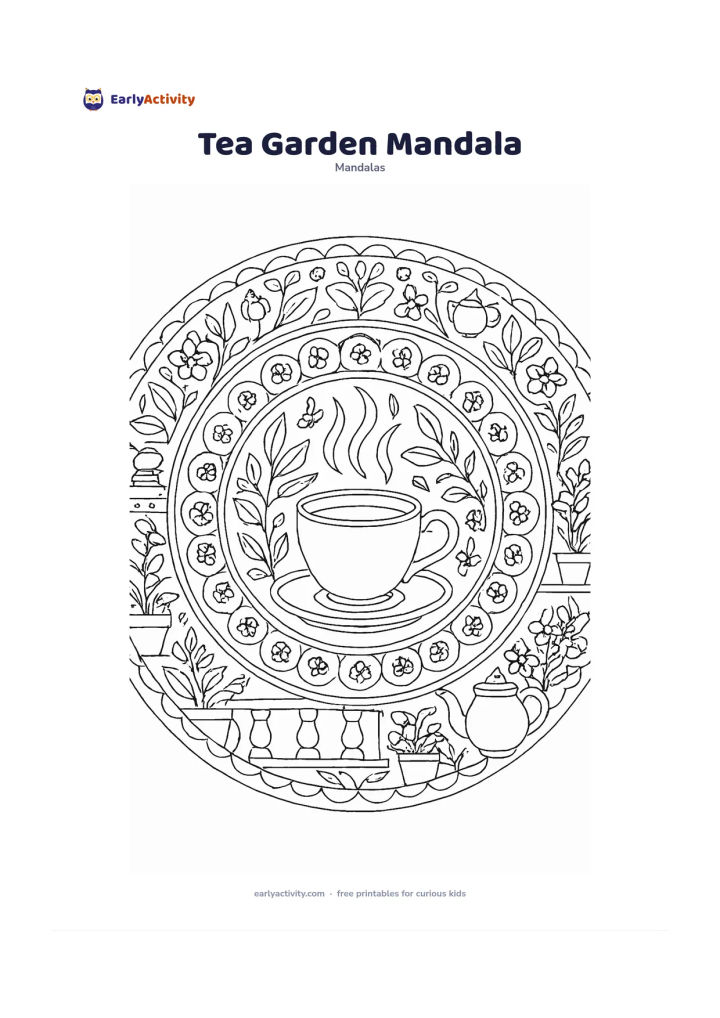 Colouring page: Create a circular mandala centred on a steaming cup of tea, with tea leaves, small blossoms, teapot shapes and repeating curved borders radiating outward. Include a quiet garden terrace…