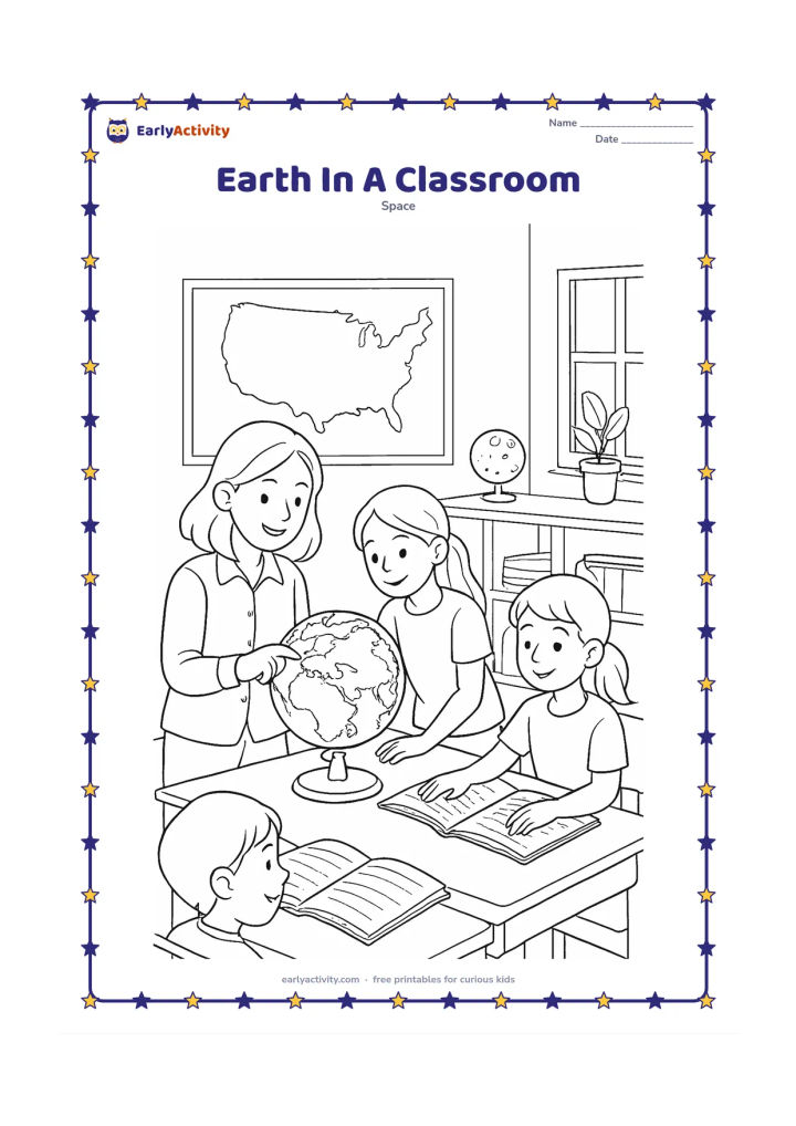 Colouring page: A teacher and several students examine a detailed globe, wall map with blank map areas, atlas pages and a model Moon on a shelf. Include desks, a window and a few plants, with every…