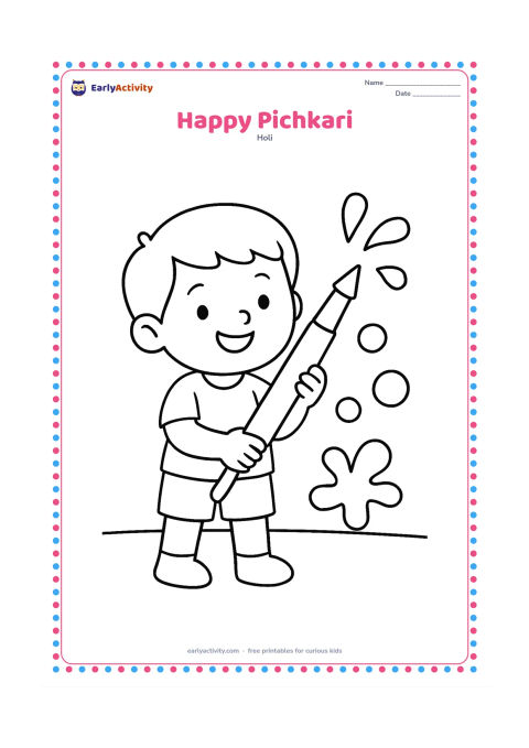 Colouring page: A smiling child holds a large pichkari pointed upward, with a few simple water drops and round colour splashes around it. Show the child standing in an open courtyard.