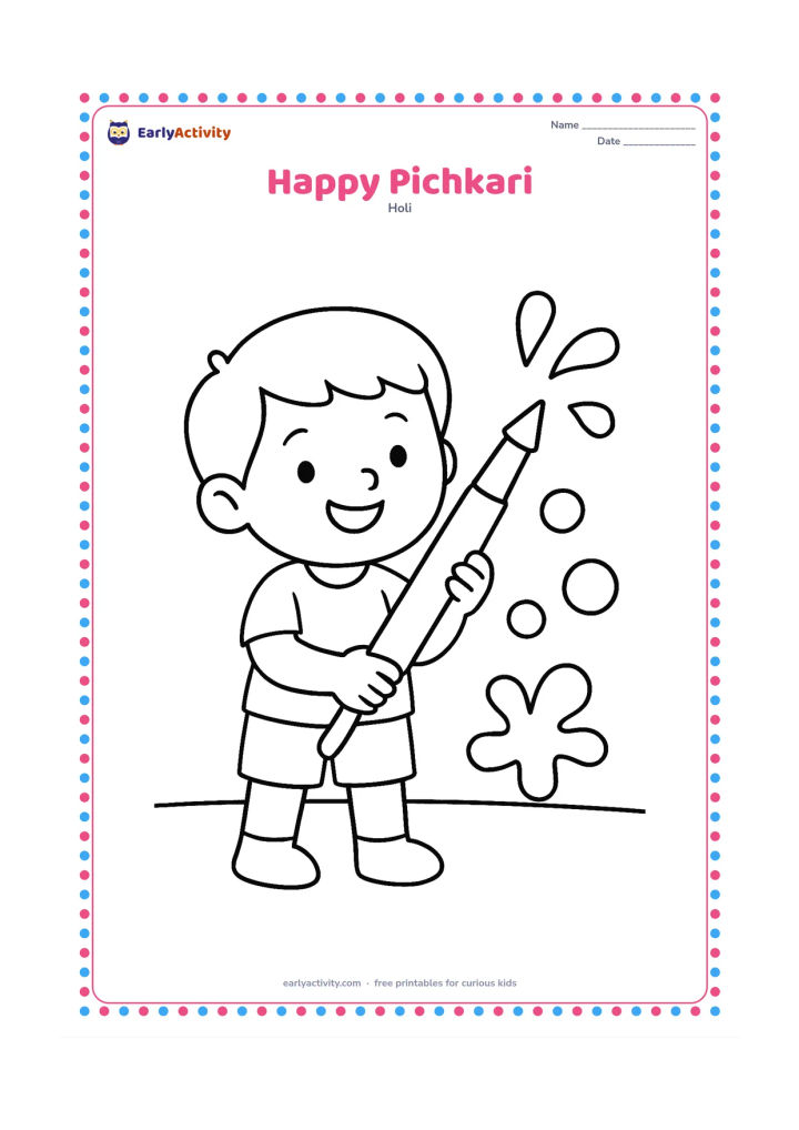 Colouring page: A smiling child holds a large pichkari pointed upward, with a few simple water drops and round colour splashes around it. Show the child standing in an open courtyard.