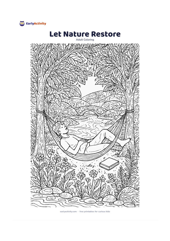 Colouring page: An adult rests in a hammock between two trees beside a quiet stream, with a book closed at their side, wildflowers, ferns, smooth stones and a small bridge in the distance. Add layered…