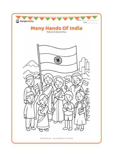 Colouring page: Draw a large Indian flag in the centre, surrounded by children and adults from different Indian regions in varied traditional and everyday clothing, each holding a small flag or flower.…
