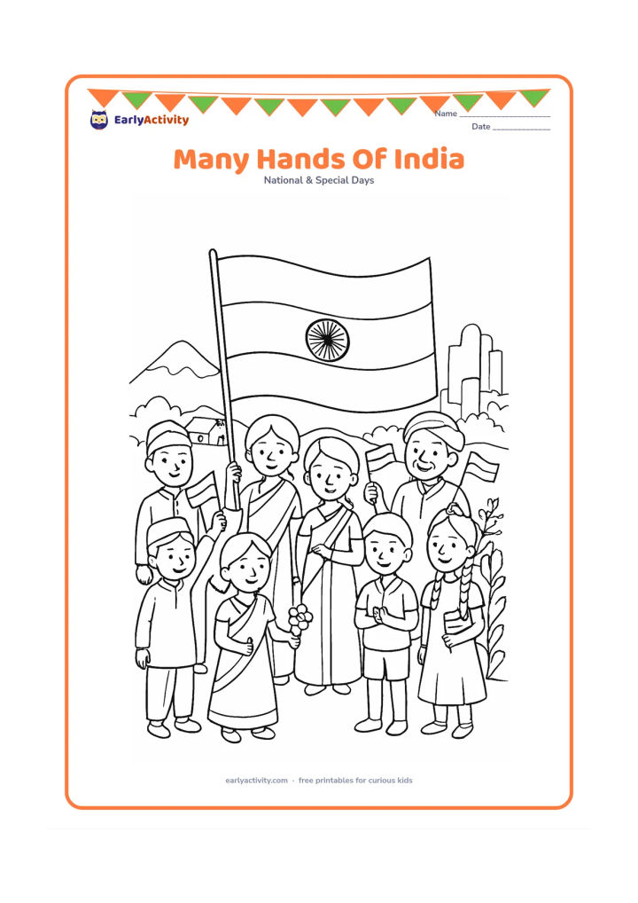 Colouring page: Draw a large Indian flag in the centre, surrounded by children and adults from different Indian regions in varied traditional and everyday clothing, each holding a small flag or flower.…