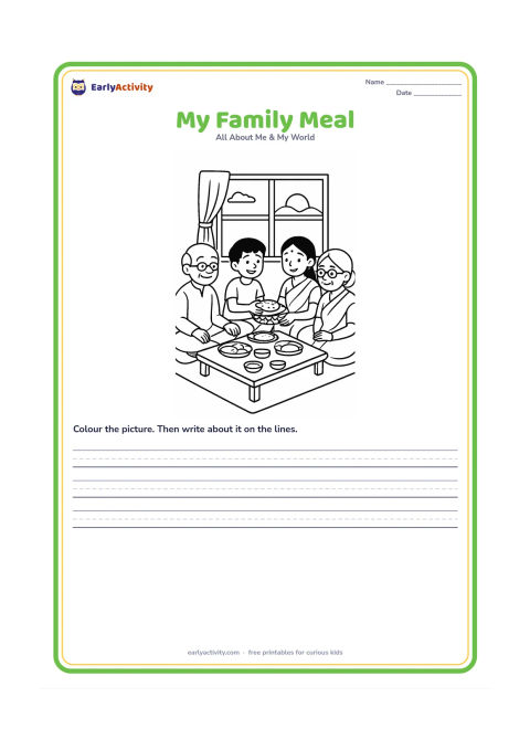 Worksheet: Several family members sit together on a floor mat during an Indian evening meal, with the child serving a roti from a basket. Include a low table, steel plates, cushions and a warm…