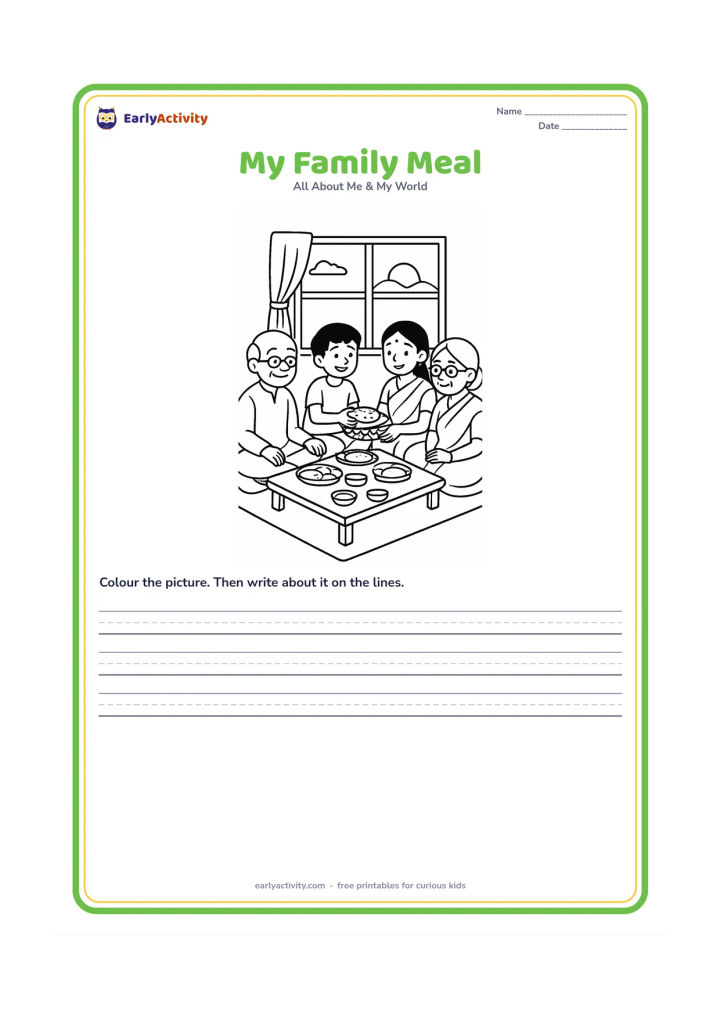 Worksheet: Several family members sit together on a floor mat during an Indian evening meal, with the child serving a roti from a basket. Include a low table, steel plates, cushions and a warm…