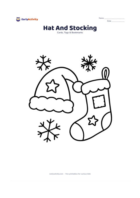 Worksheet: Draw a large Santa hat beside a large hanging Christmas stocking, both decorated with simple patches, stars and a fluffy trim. Place them against a plain background with a few large…