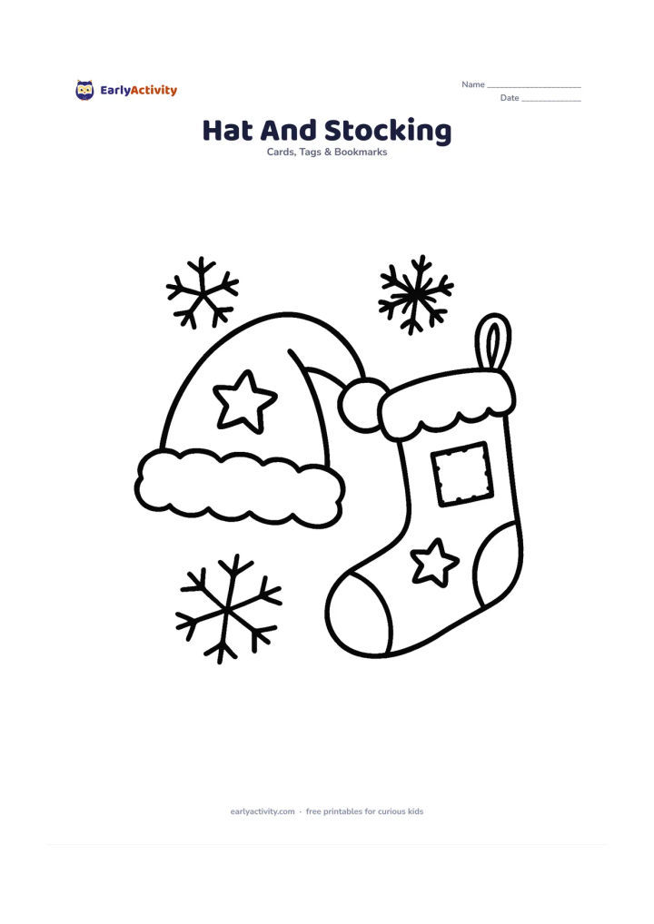 Worksheet: Draw a large Santa hat beside a large hanging Christmas stocking, both decorated with simple patches, stars and a fluffy trim. Place them against a plain background with a few large…