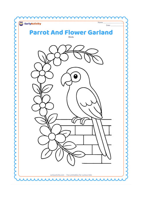 Colouring page: Draw a parrot perched beside a hanging garland made from large simple flowers and leaves, with a small courtyard wall behind it. Keep the garland curved around one side of the composition.