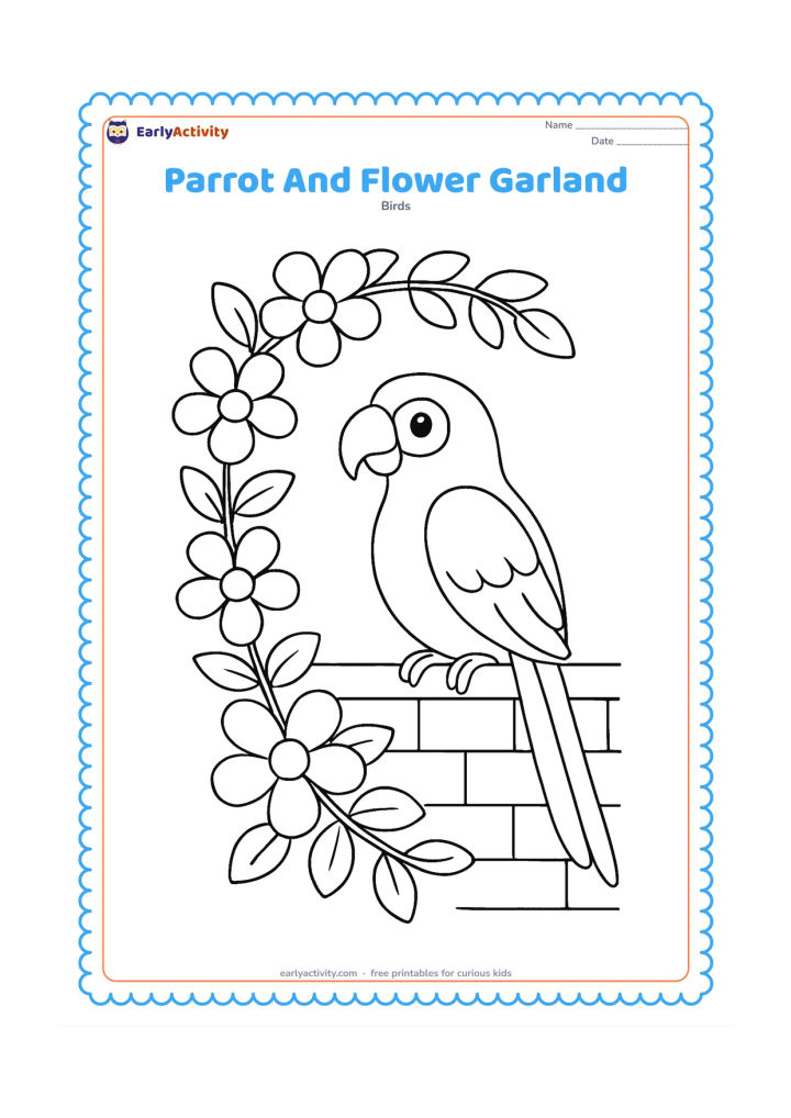 Colouring page: Draw a parrot perched beside a hanging garland made from large simple flowers and leaves, with a small courtyard wall behind it. Keep the garland curved around one side of the composition.