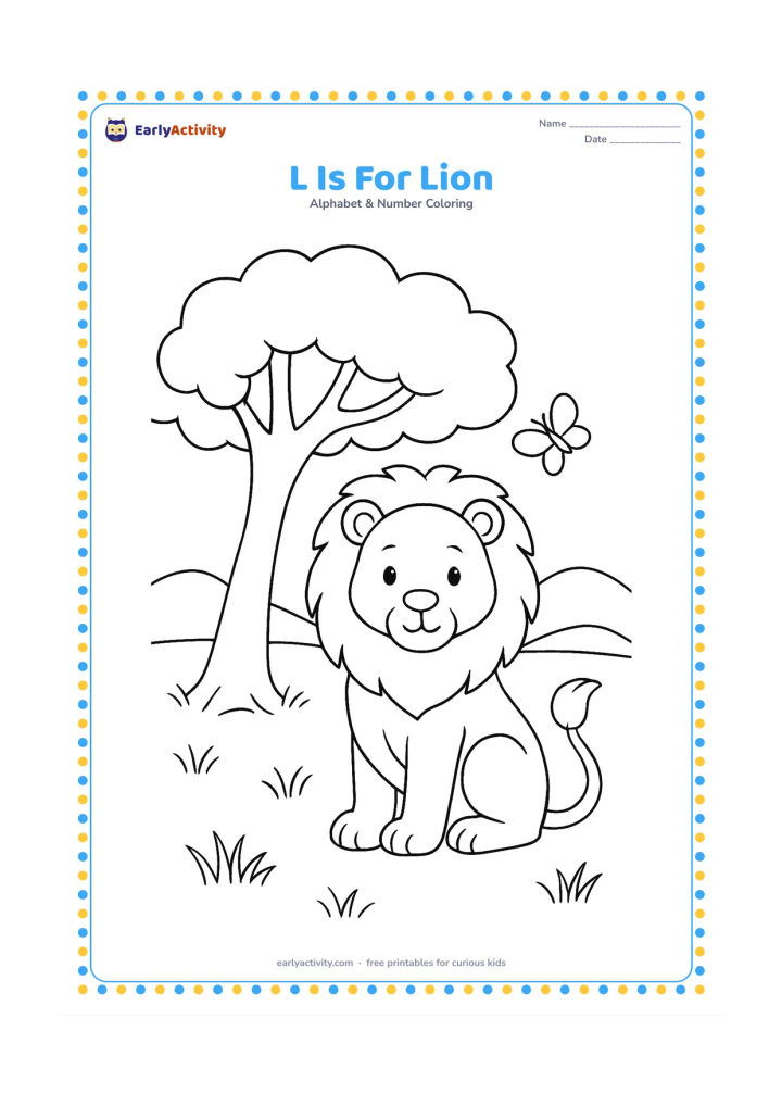 Colouring page: Draw a friendly lion sitting under a wide tree in a grassy savanna, with one butterfly nearby and distant rounded hills. Give the lion a calm, welcoming face.