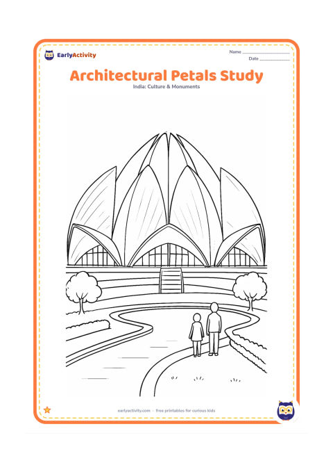 Colouring page: Show a close view of the Lotus Temple's curved marble petals and entrance windows from below, with the pools, garden edges, trees, and a few visitors visible at the bottom. The…