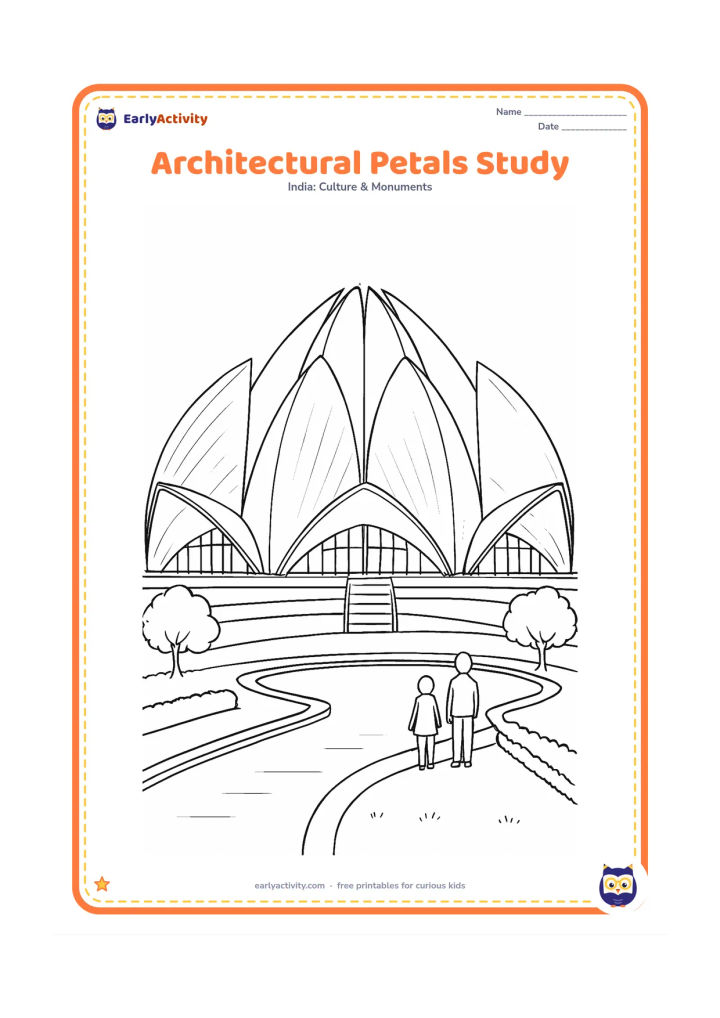 Colouring page: Show a close view of the Lotus Temple's curved marble petals and entrance windows from below, with the pools, garden edges, trees, and a few visitors visible at the bottom. The…