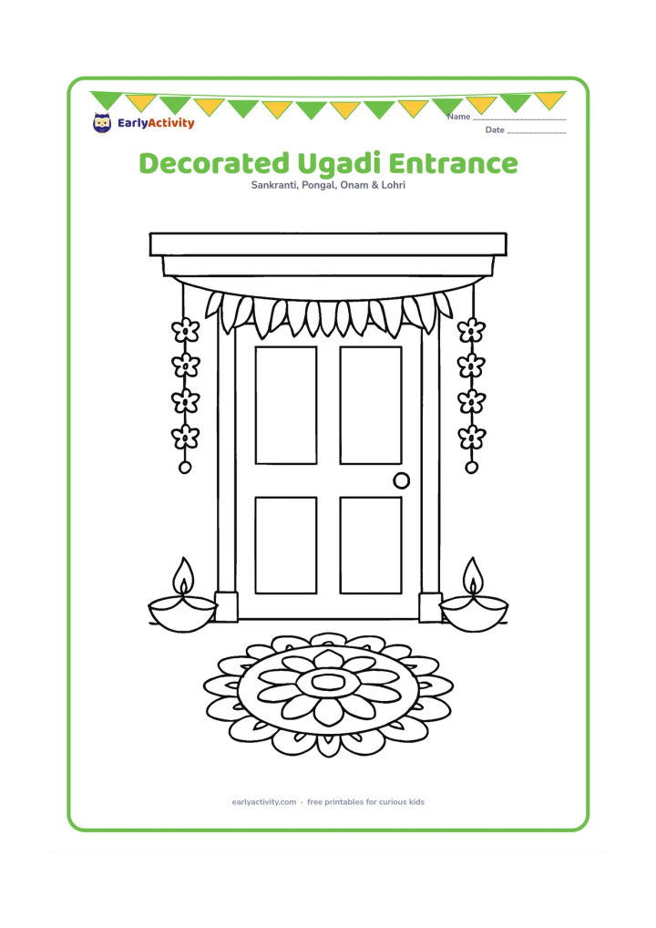 Colouring page: A traditional Indian home entrance decorated with a mango-leaf toran, flower garlands, a pair of diyas and a neat rangoli on the floor.