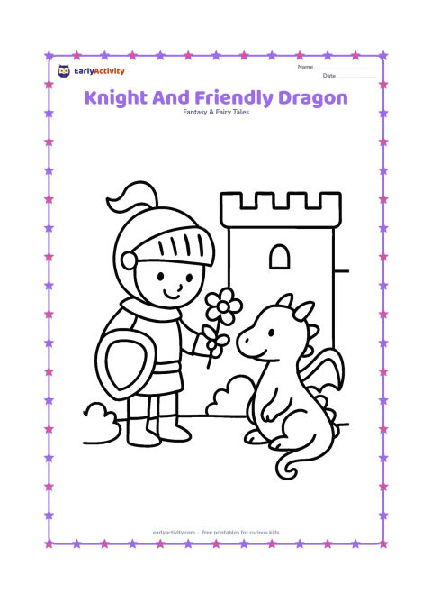 Colouring page: A smiling knight offers a flower to a small friendly dragon beside a castle wall. The dragon has rounded wings, a gentle face, and a curled tail, with two bushes nearby.