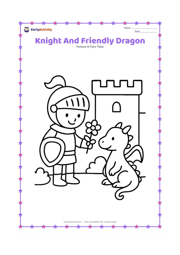 Colouring page: A smiling knight offers a flower to a small friendly dragon beside a castle wall. The dragon has rounded wings, a gentle face, and a curled tail, with two bushes nearby.