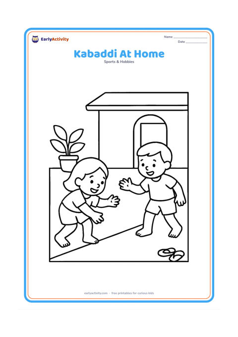 Colouring page: Two children play a gentle kabaddi game in an open courtyard outside an Indian home, with one child crossing a chalk court line and the other reaching to tag. Show a doorway, potted…