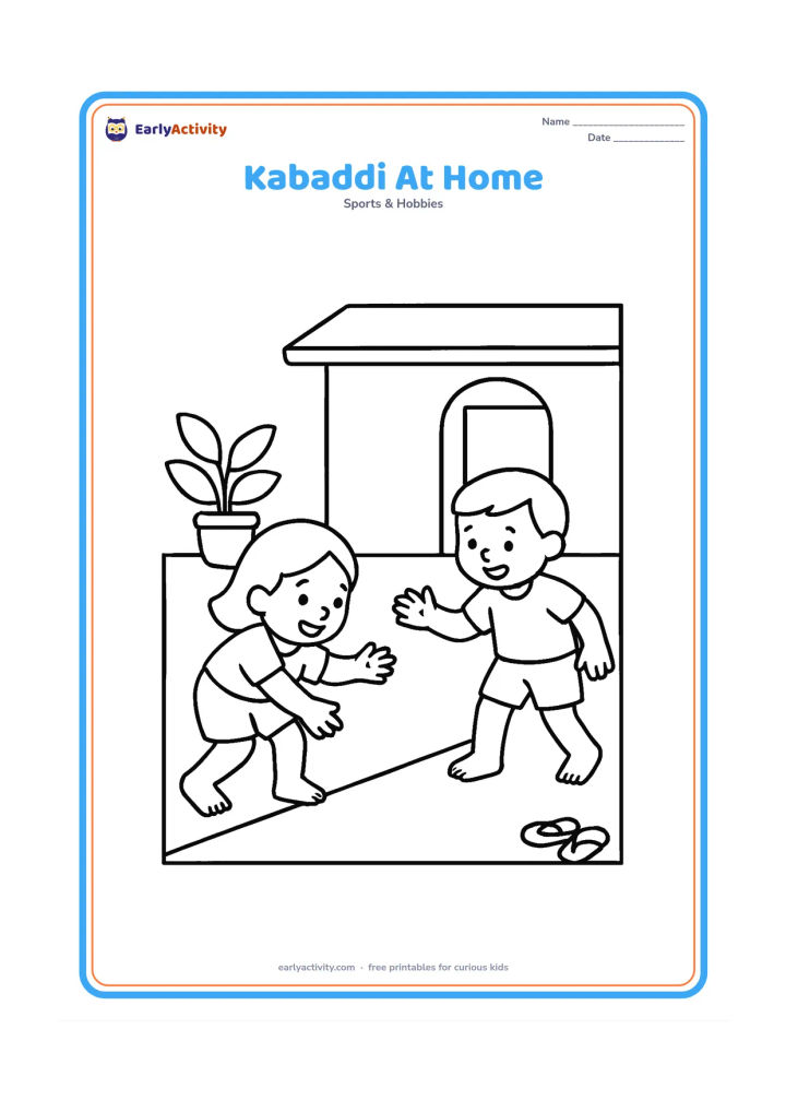 Colouring page: Two children play a gentle kabaddi game in an open courtyard outside an Indian home, with one child crossing a chalk court line and the other reaching to tag. Show a doorway, potted…