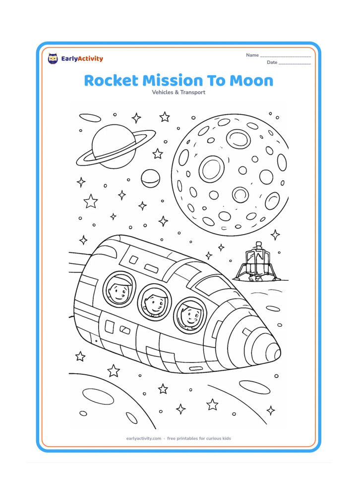 Colouring page: Draw a detailed spacecraft travelling toward a large cratered Moon, with three astronauts visible through windows, a lunar lander in the distance and layered stars and planets.