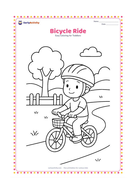 Colouring page: A child wearing a helmet rides a simple bicycle along a village path, with two clear wheels and a small basket on the front. Add a tree, a low fence and distant rounded hills.