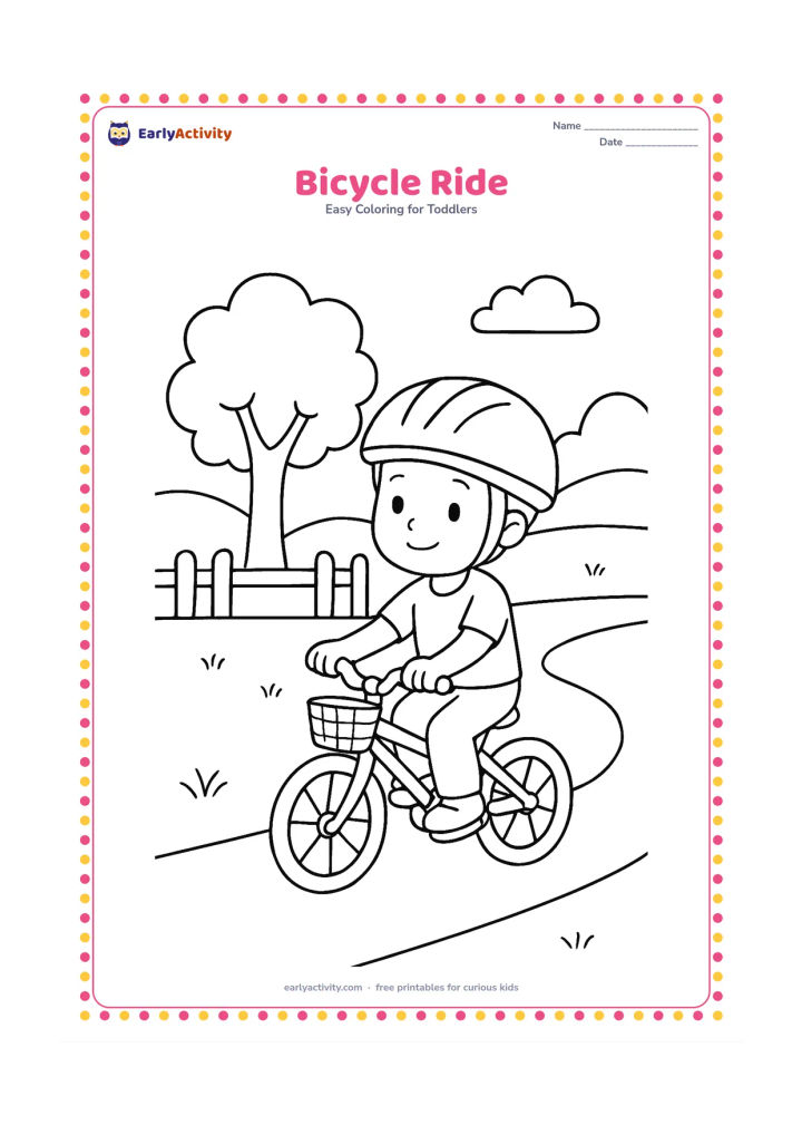 Colouring page: A child wearing a helmet rides a simple bicycle along a village path, with two clear wheels and a small basket on the front. Add a tree, a low fence and distant rounded hills.