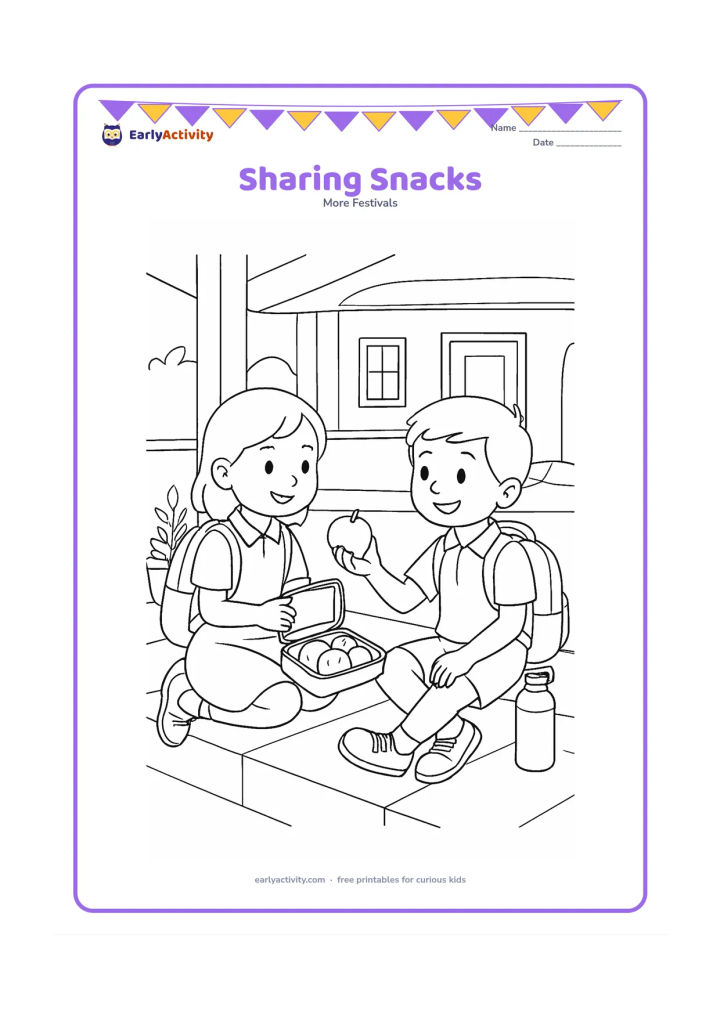 Colouring page: Draw two schoolchildren sharing a snack box on a shaded veranda, with one child offering fruit and the other receiving it. Add school bags, a water bottle, potted plants and a simple…